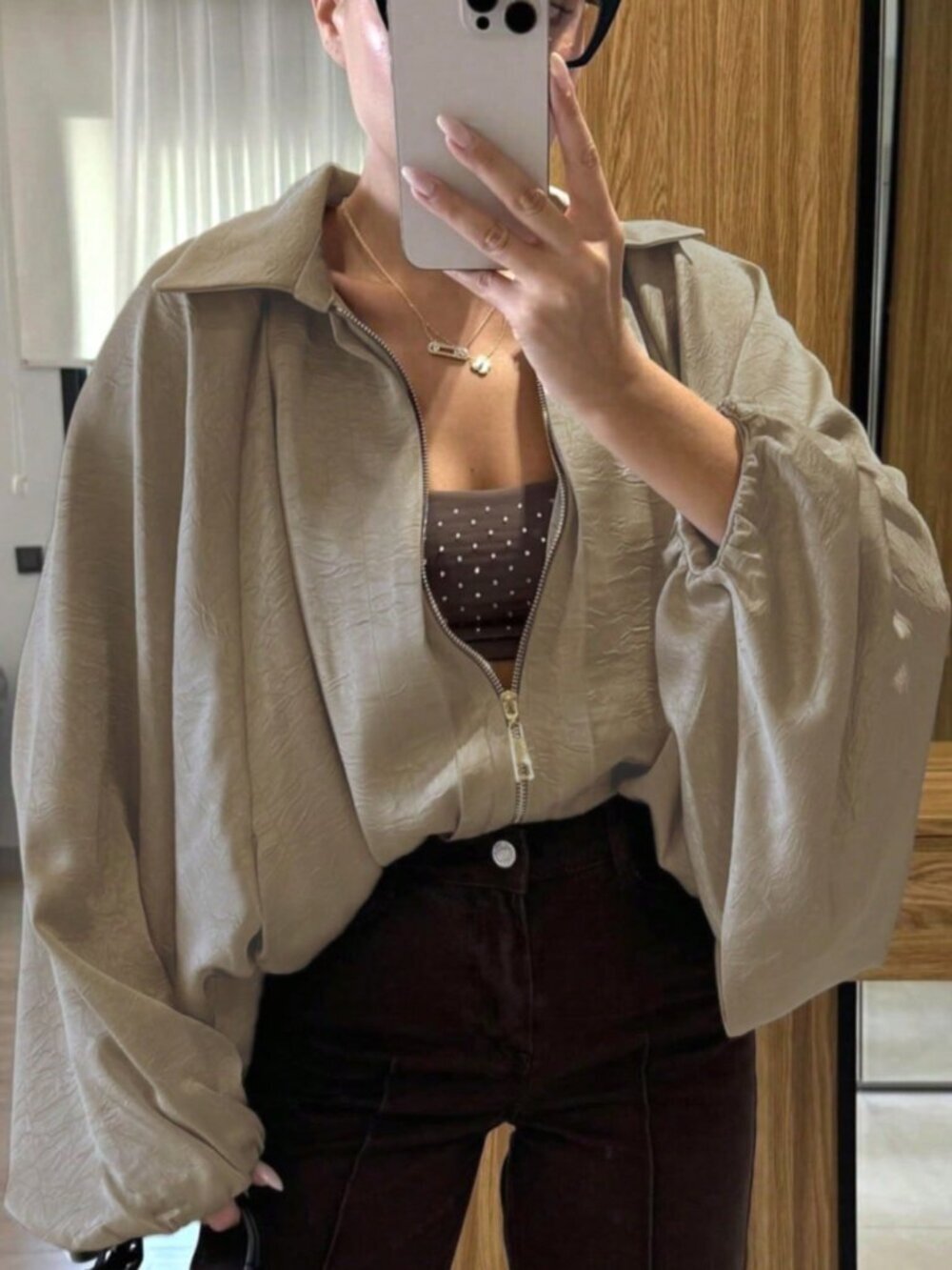 Khaki Casual Women's Draping Puff Bomber Jacket